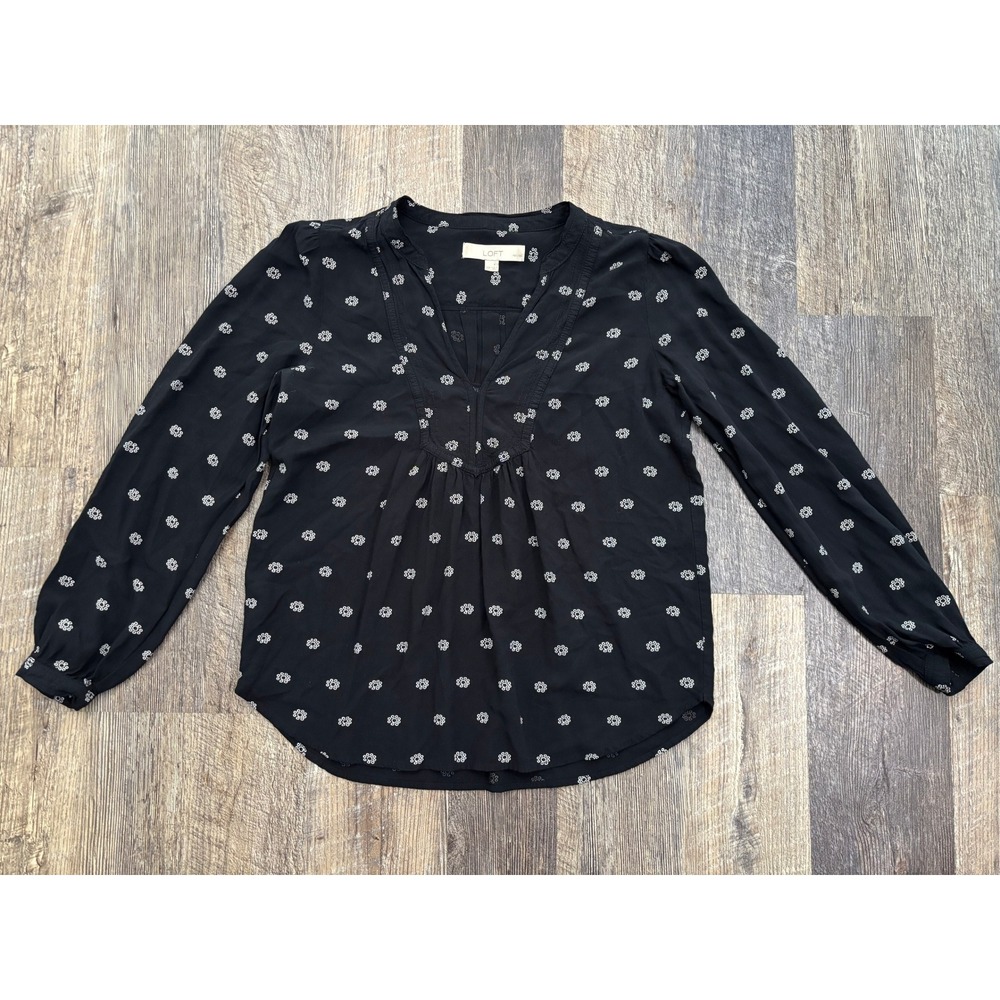 LOFT Petites Black White Floral Geo Print Split V-Neck Blouse Top XSP Viscose
